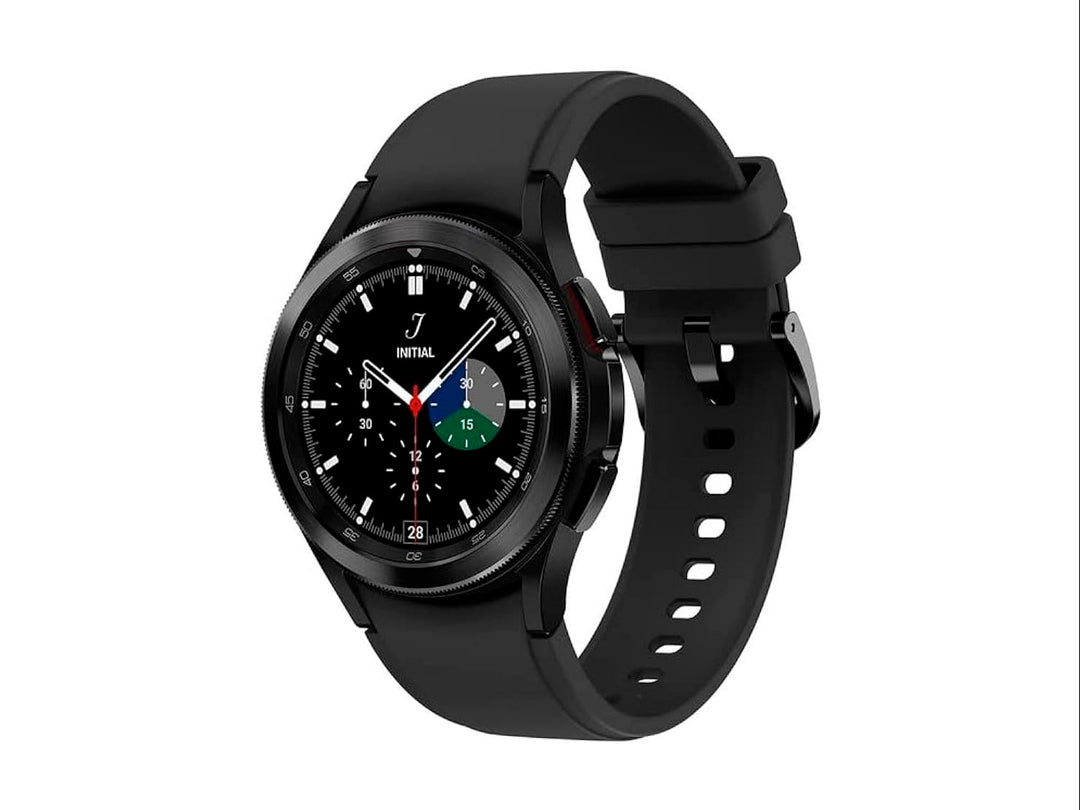 Reloj inteligente Samsung Galaxy Watch en color negro con correa de silicona y pantalla digital circular.