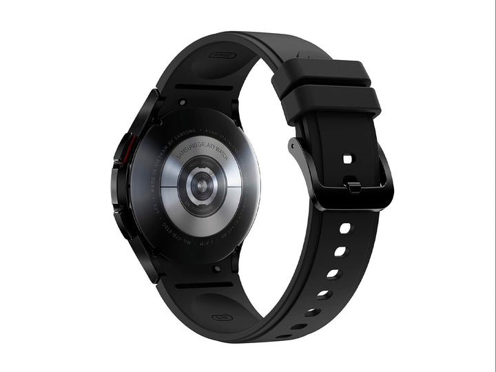 Reloj inteligente Samsung Galaxy Watch en color negro con correa de silicona y pantalla digital circular.