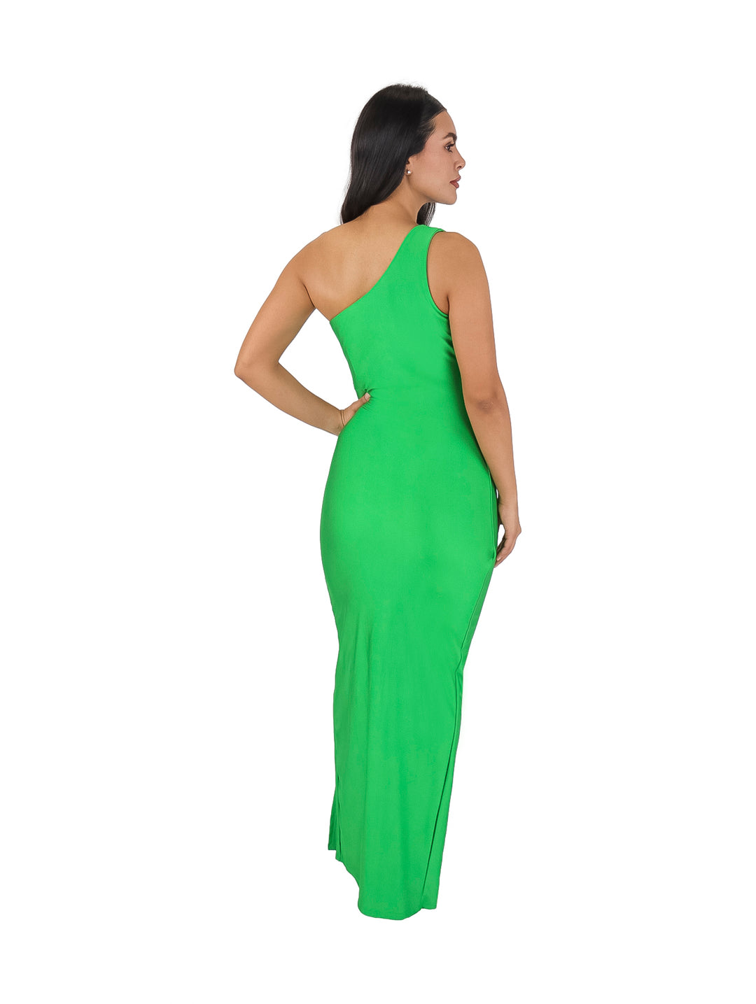 Vestido largo ajustado color verde kelly con diseño de un solo hombro y abertura lateral.