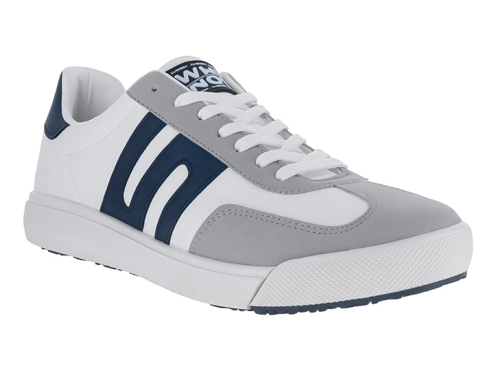 Tenis casuales Clasben Edwin en color blanco y gris con detalles en azul marino y suela blanca.