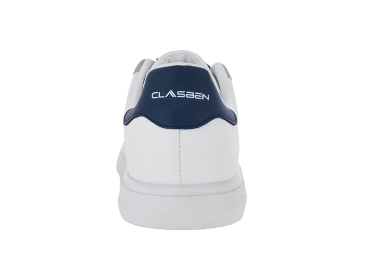 Tenis casuales Clasben Edwin en color blanco y gris con detalles en azul marino y suela blanca.