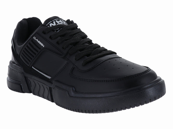 Tenis casuales color negro con detalles en gris y suela gruesa.