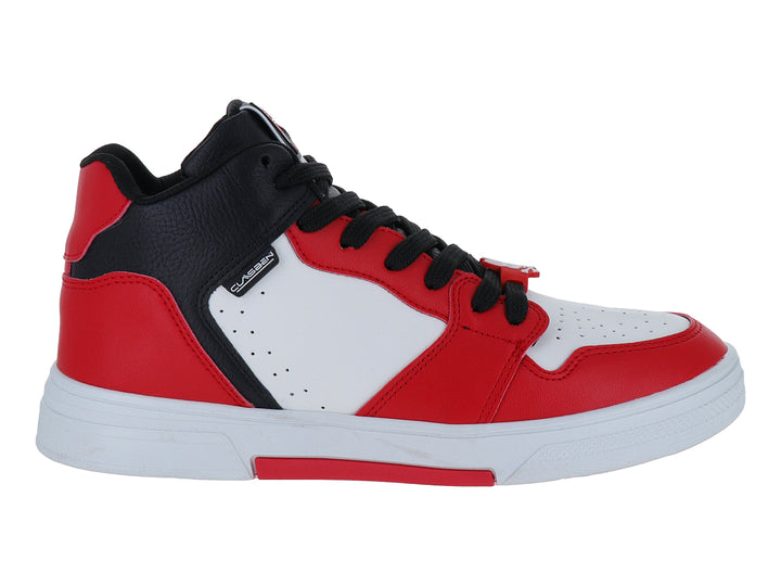 Tenis infantiles marca Clasben en colores rojo, blanco y negro con suela blanca.