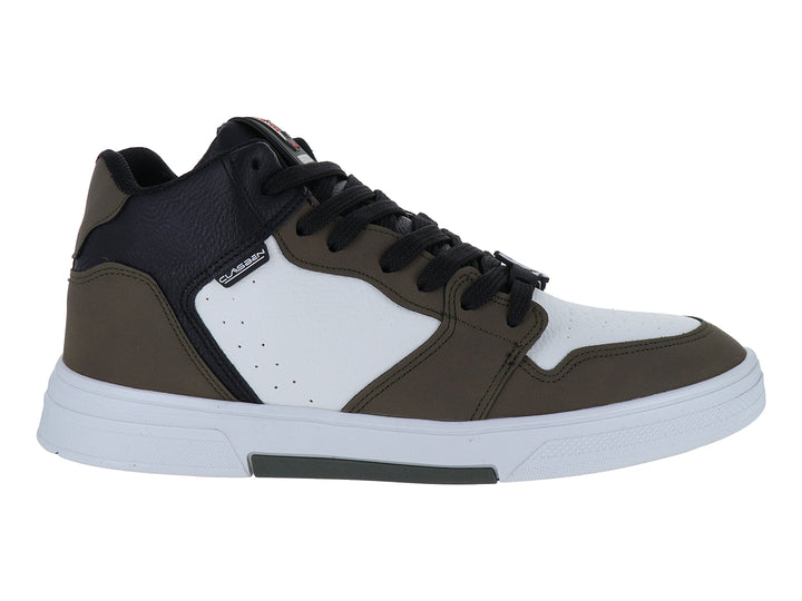 Tenis casuales Clasben en colores blanco, verde oliva y negro con suela blanca.