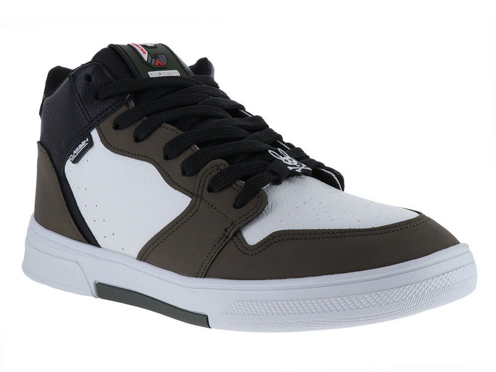 Tenis casuales Clasben en colores blanco, verde oliva y negro con suela blanca.
