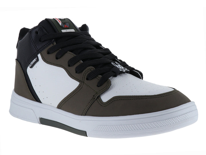 Tenis casuales Clasben en colores blanco, verde oliva y negro con suela blanca.