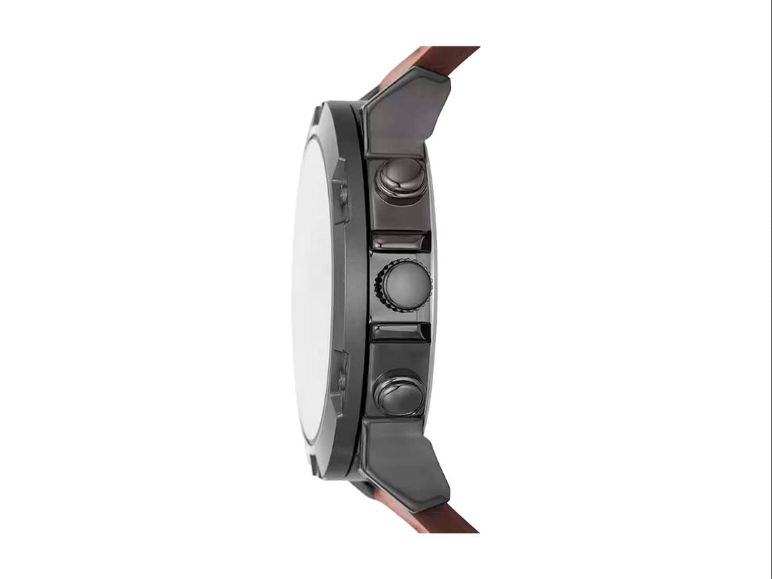 Set de 5 piezas para hombre que incluye un reloj con correa café y cuatro pulseras en tonos negro, madera y piedra.