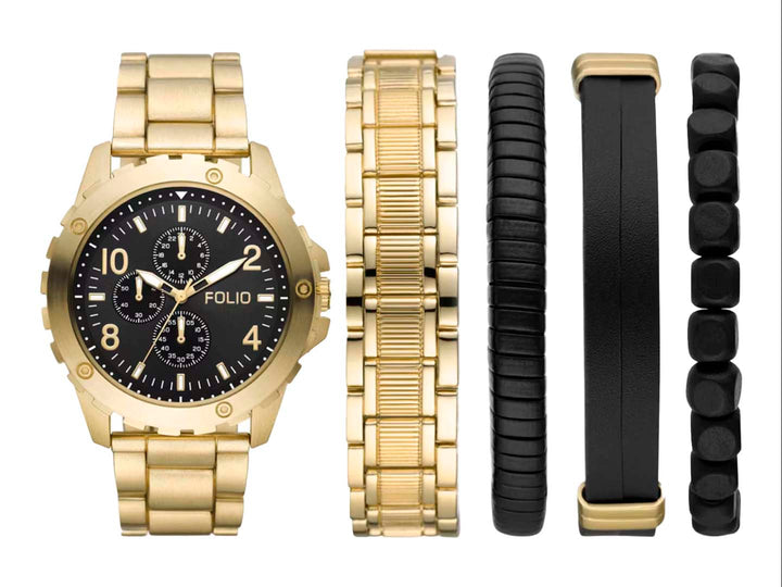 Set de reloj dorado con esfera negra acompañado de tres pulseras negras coordinadas.