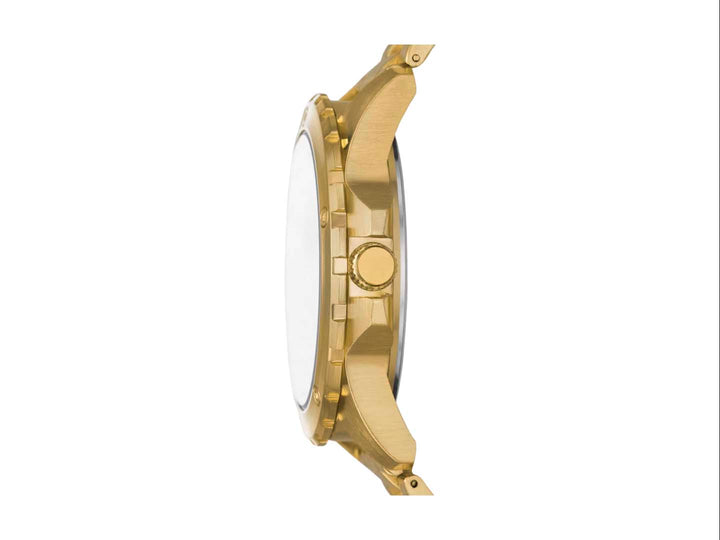 Set de reloj dorado con esfera negra acompañado de tres pulseras negras coordinadas.