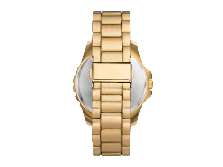Set de reloj dorado con esfera negra acompañado de tres pulseras negras coordinadas.