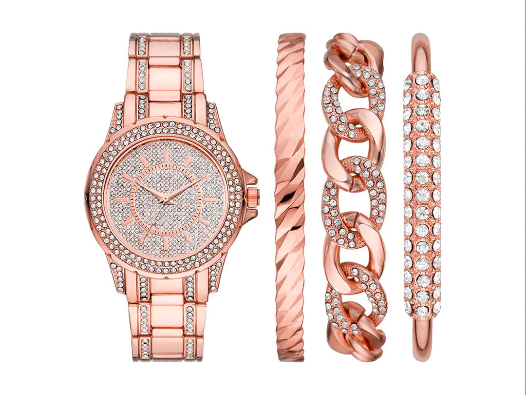 Set de 4 piezas para Mujer que incluye un reloj y tres pulseras en color oro rosa con detalles de cristales brillantes.