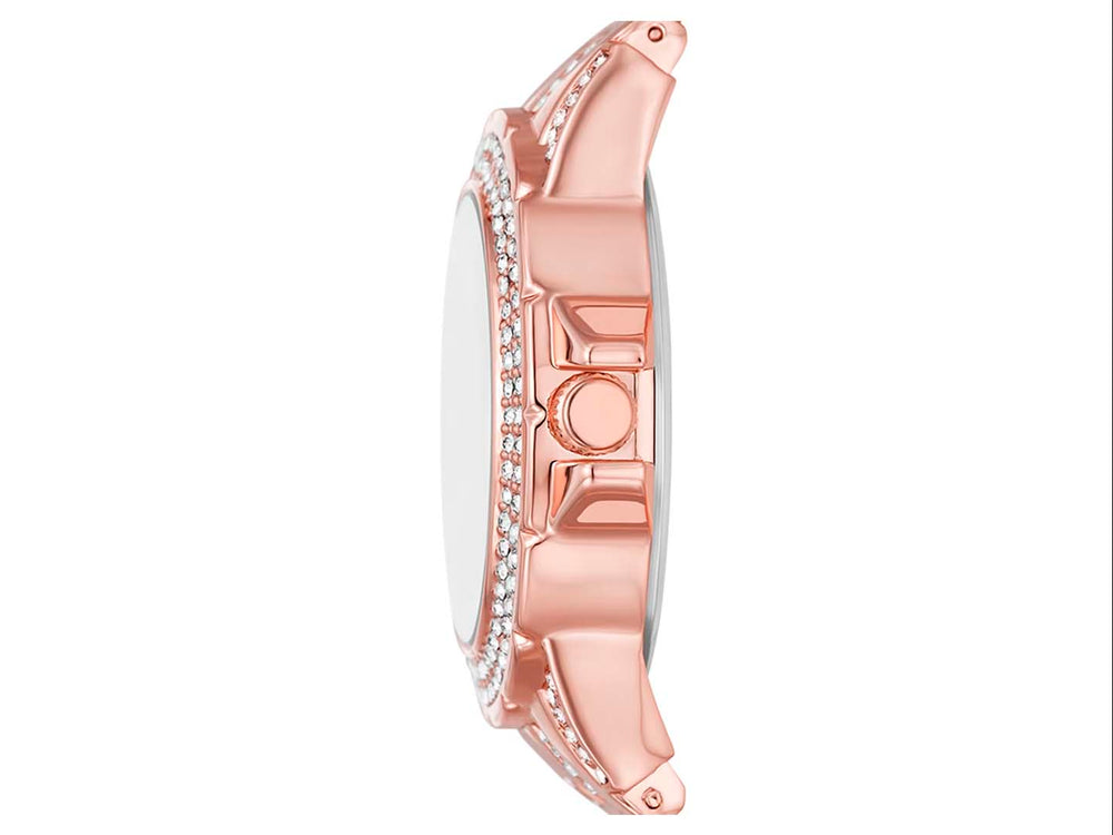 Set de 4 piezas para Mujer que incluye un reloj y tres pulseras en color oro rosa con detalles de cristales brillantes.