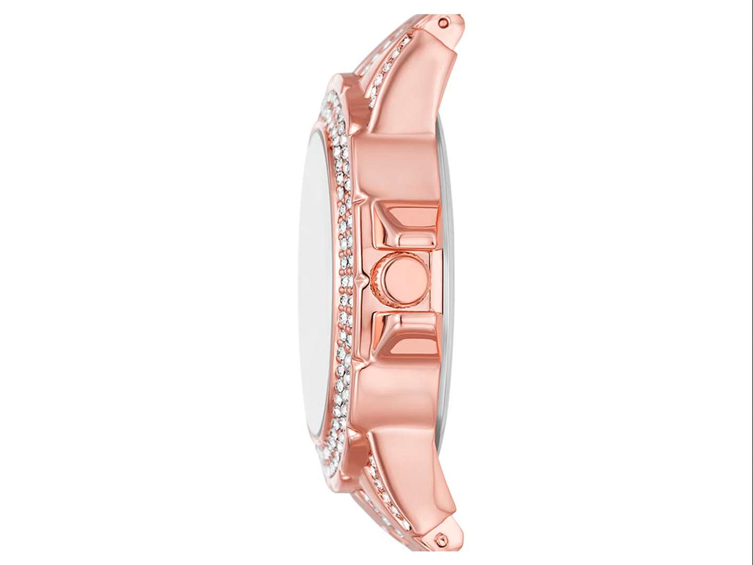 Set de 4 piezas para Mujer que incluye un reloj y tres pulseras en color oro rosa con detalles de cristales brillantes.