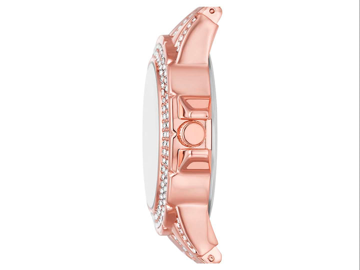Set de 4 piezas para Mujer que incluye un reloj y tres pulseras en color oro rosa con detalles de cristales brillantes.