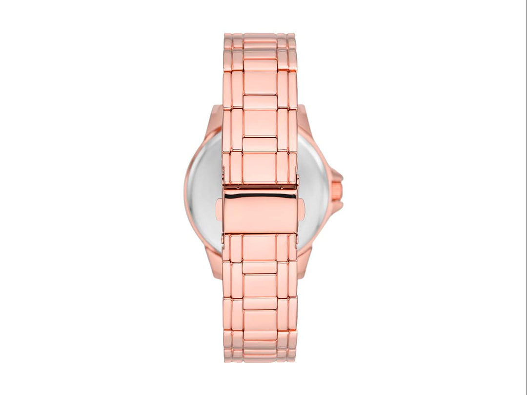 Set de 4 piezas para Mujer que incluye un reloj y tres pulseras en color oro rosa con detalles de cristales brillantes.