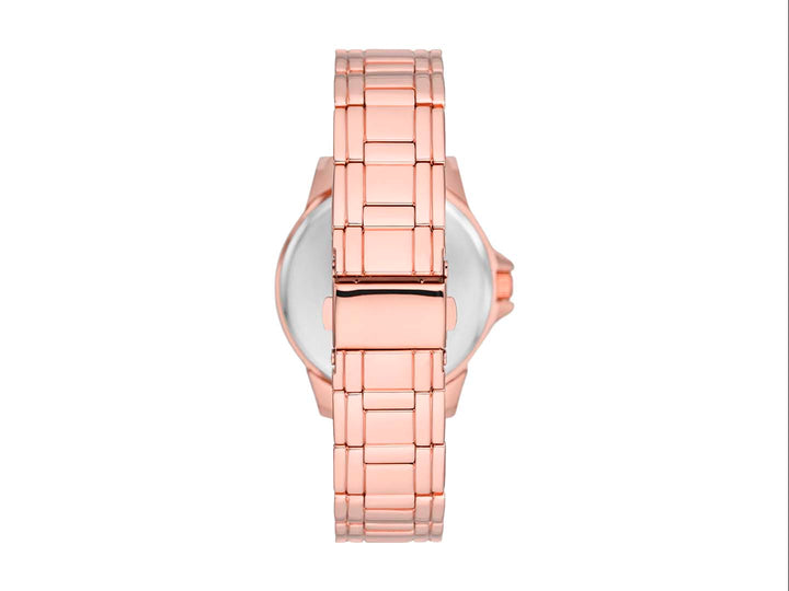 Set de 4 piezas para Mujer que incluye un reloj y tres pulseras en color oro rosa con detalles de cristales brillantes.