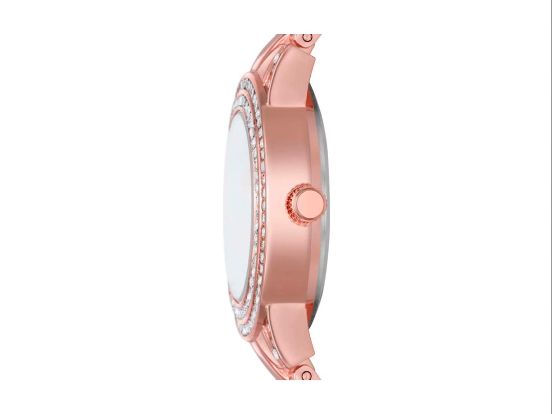 Set de joyería Folio en color oro rosa que incluye reloj, pulsera, brazalete y aretes con detalles brillantes.