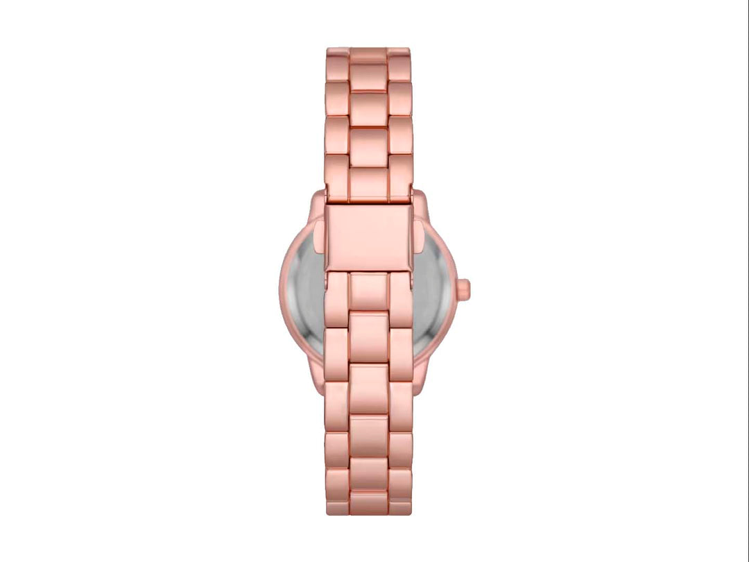 Set de joyería Folio en color oro rosa que incluye reloj, pulsera, brazalete y aretes con detalles brillantes.