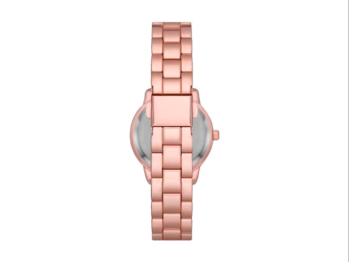 Set de joyería Folio en color oro rosa que incluye reloj, pulsera, brazalete y aretes con detalles brillantes.