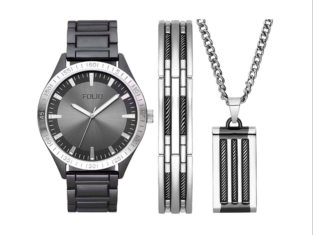 Set de 3 piezas FOLIO compuesto por un reloj, una pulsera y un collar en colores negro y plateado.
