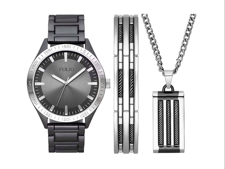 Set de 3 piezas FOLIO compuesto por un reloj, una pulsera y un collar en colores negro y plateado.