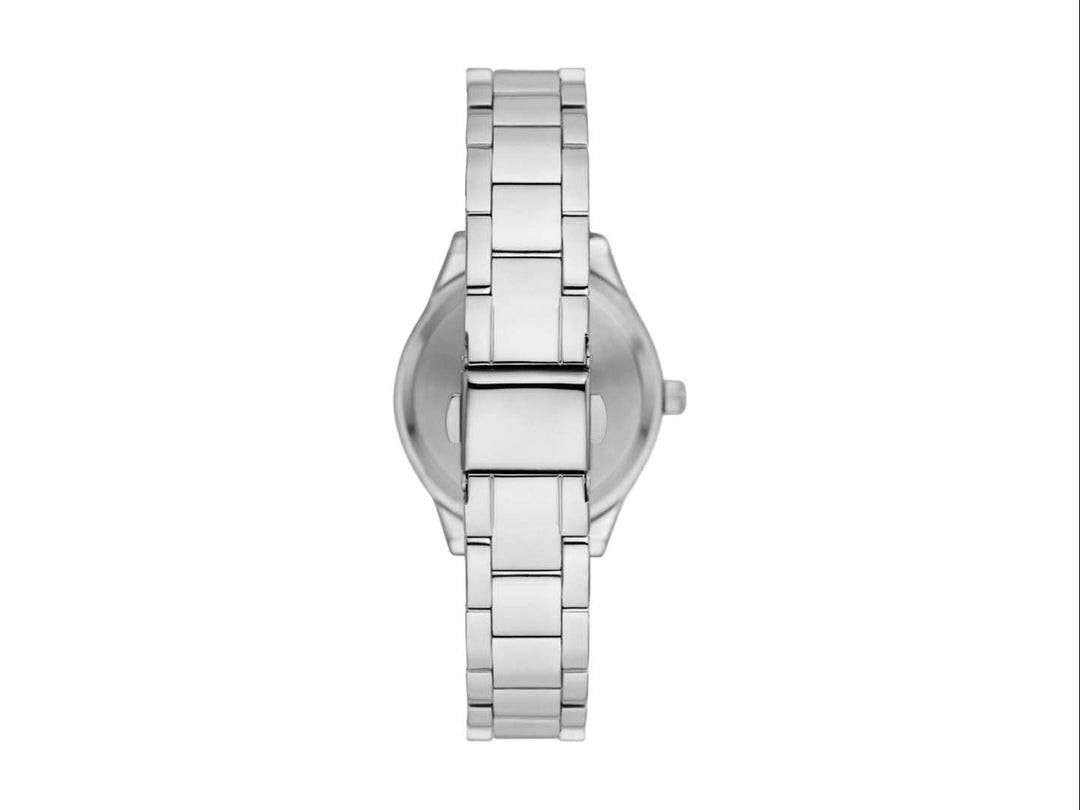 Set de accesorios Folio color plata para Mujer que incluye reloj, tres pulseras y un collar con dije circular.