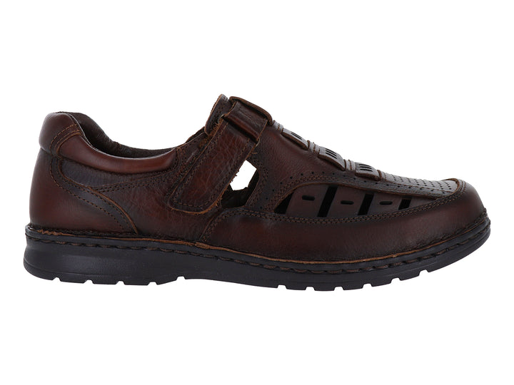 Sandalias para hombre de cuero color marrón Besani con suela negra y cierre de velcro.