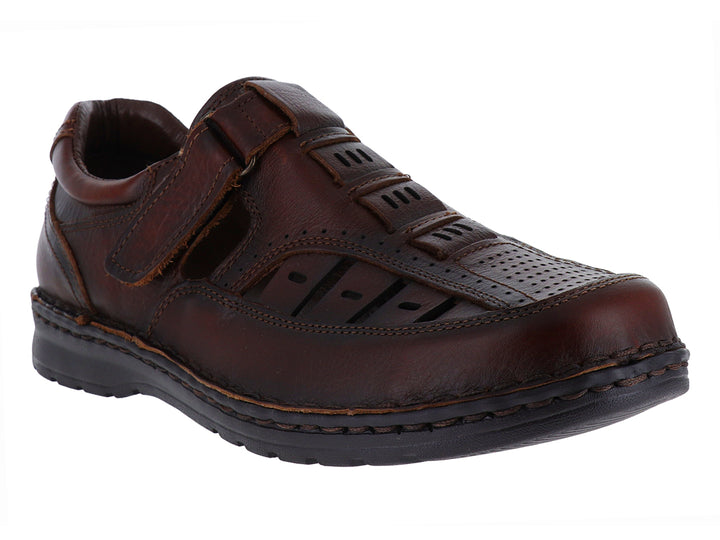 Sandalias para hombre de cuero color marrón Besani con suela negra y cierre de velcro.
