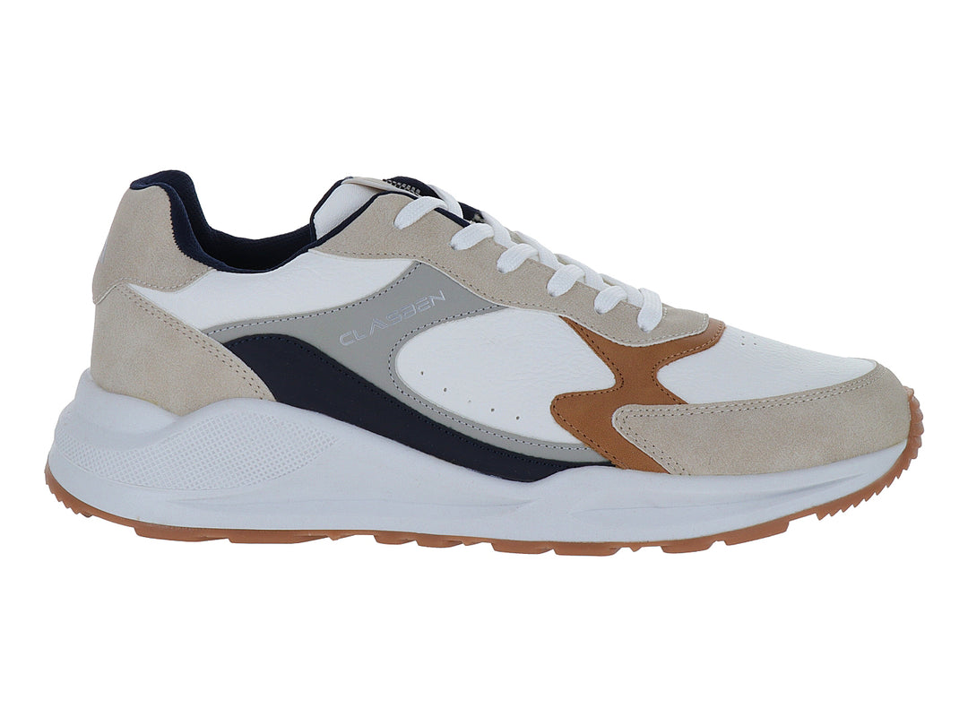 Tenis casuales Clasben color blanco y beige con detalles en azul marino y suela marrón.