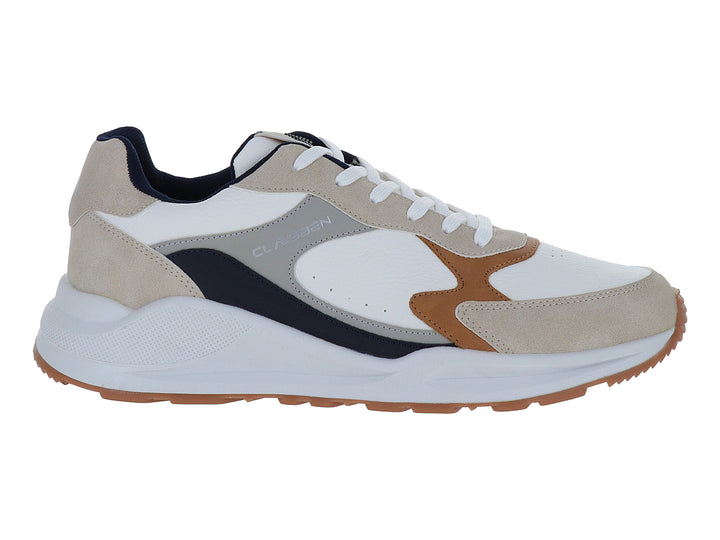 Tenis casuales Clasben color blanco y beige con detalles en azul marino y suela marrón.