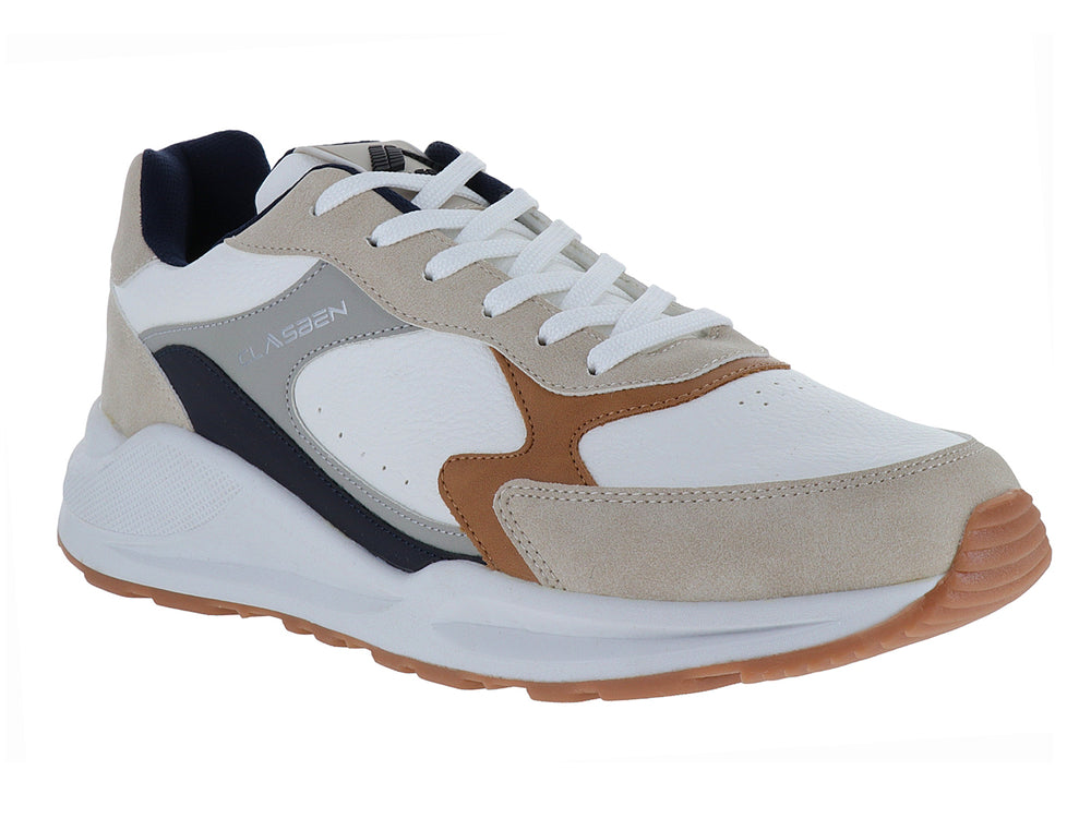 Tenis casuales Clasben color blanco y beige con detalles en azul marino y suela marrón.