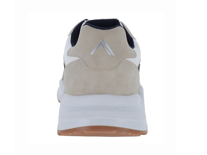 Tenis casuales Clasben color blanco y beige con detalles en azul marino y suela marrón.