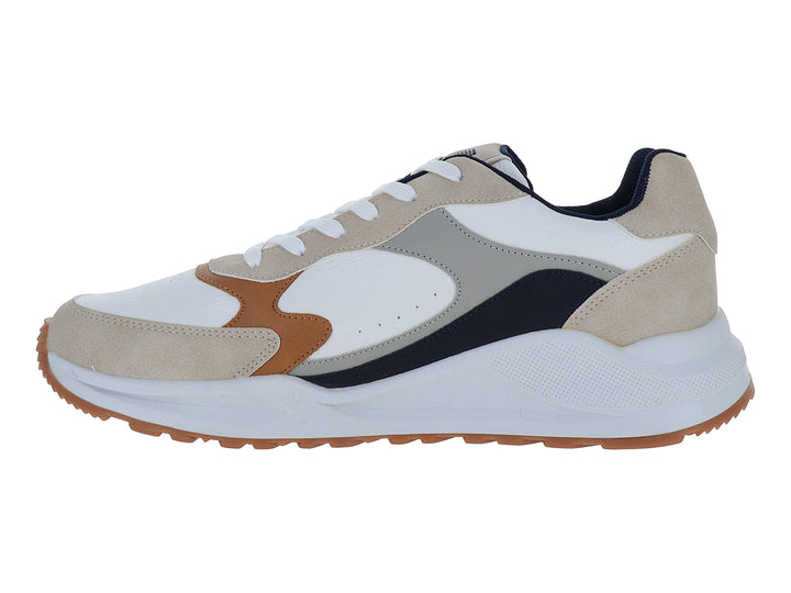 Tenis casuales Clasben color blanco y beige con detalles en azul marino y suela marrón.