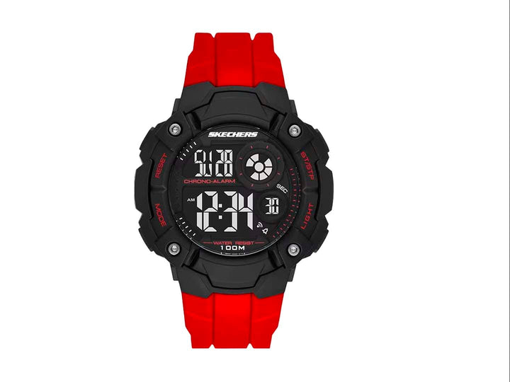 Reloj digital SKECHERS con correa roja y caja negra, diseño deportivo y robusto.