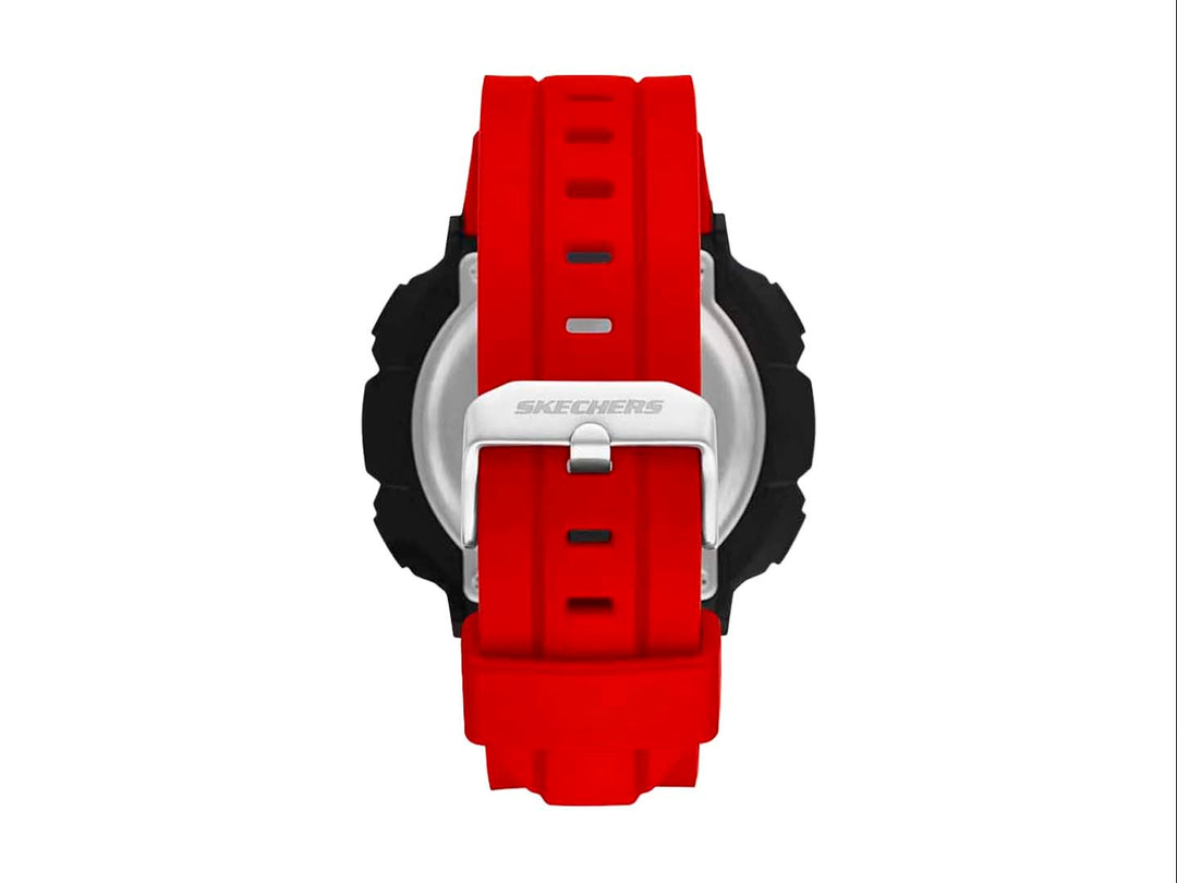 Reloj digital SKECHERS con correa roja y caja negra, diseño deportivo y robusto.