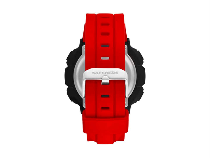 Reloj digital SKECHERS con correa roja y caja negra, diseño deportivo y robusto.