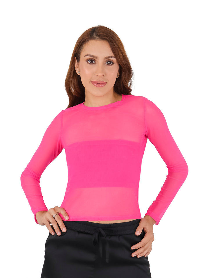 Blusa de malla rosa neón de manga larga y cuello redondo.