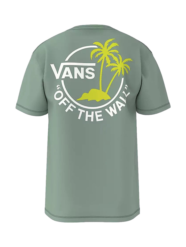Camiseta VANS de manga corta en color verde iceberg con logotipo blanco y amarillo de palmeras en el pecho.