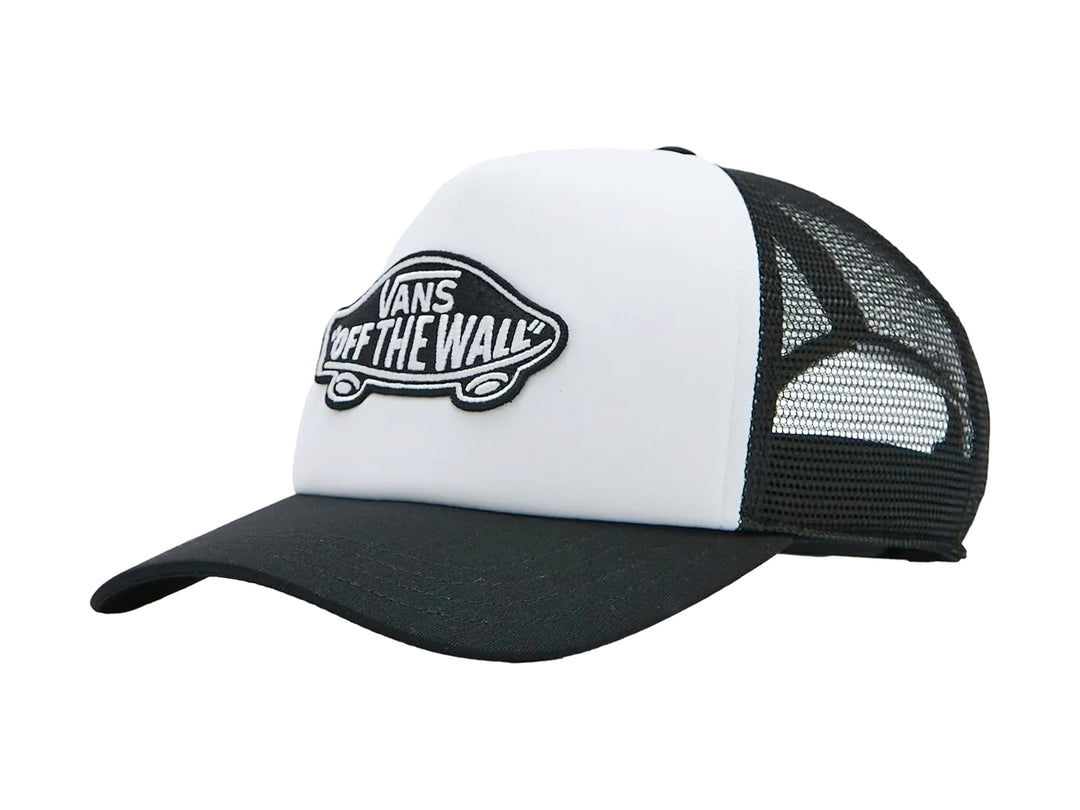 Gorra trucker VANS con frente blanco, visera y malla negra, y parche central 'Off The Wall'.