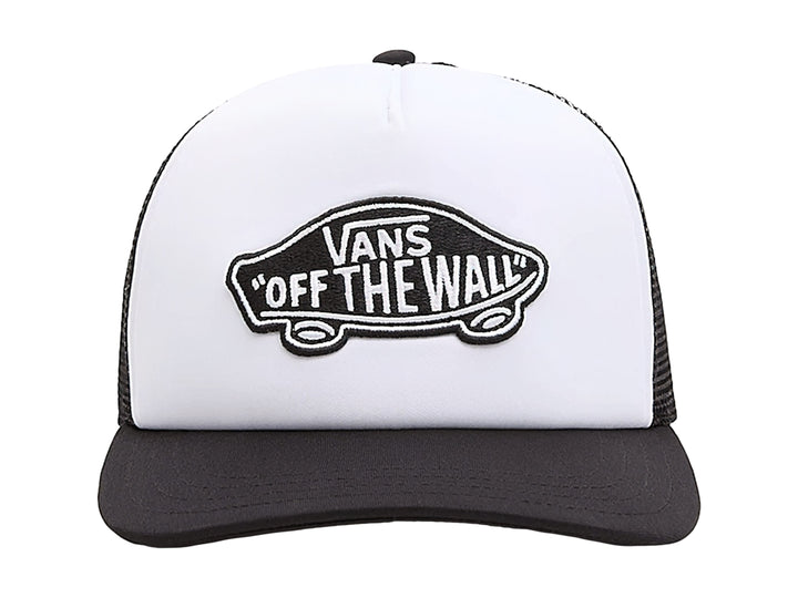 Gorra trucker VANS con frente blanco, visera y malla negra, y parche central &