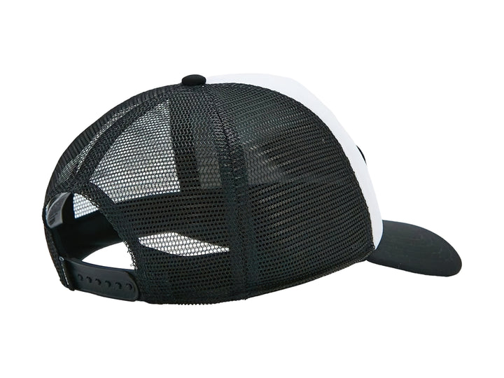 Gorra trucker VANS con frente blanco, visera y malla negra, y parche central &