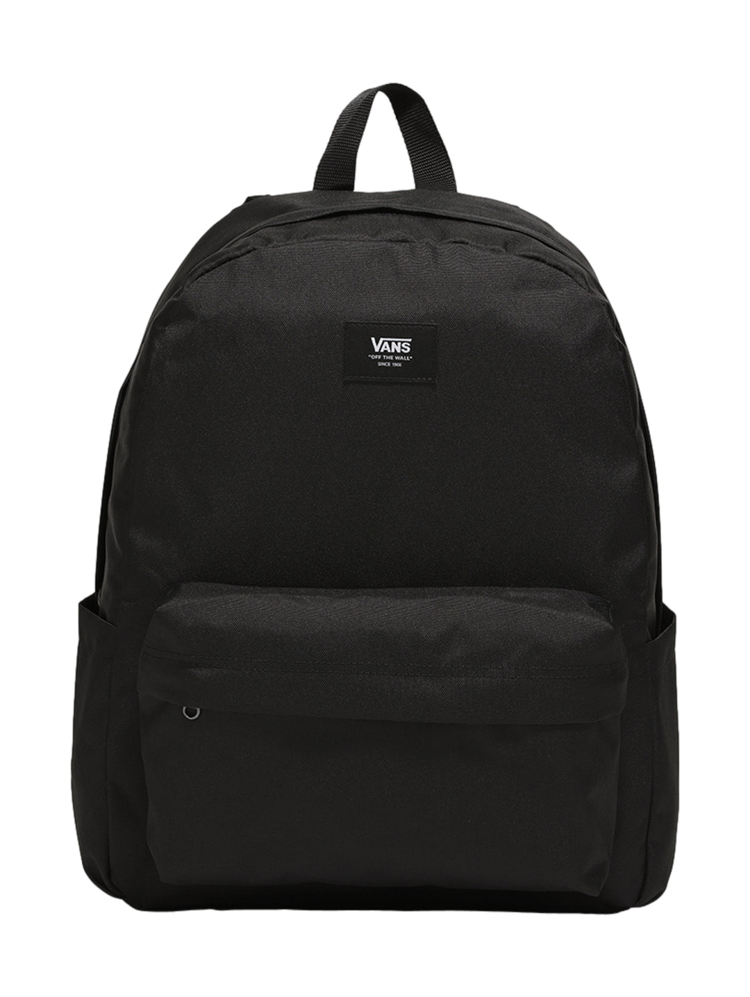 Mochila escolar Vans de color negro con bolsillo frontal y logotipo blanco.