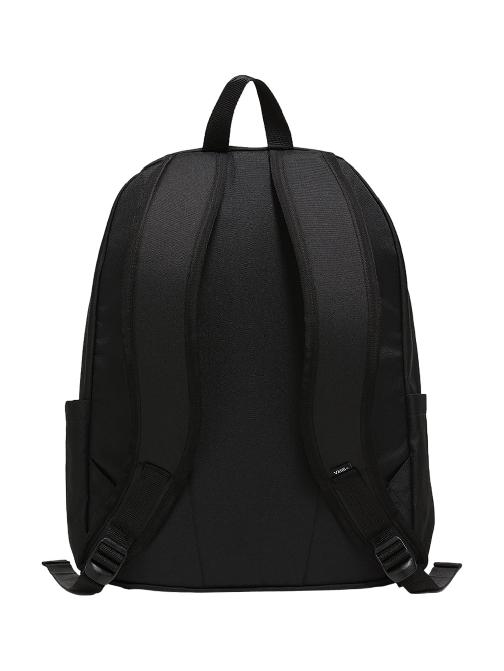 Mochila escolar Vans de color negro con bolsillo frontal y logotipo blanco.