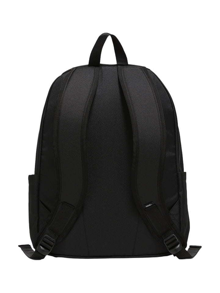 Mochila escolar Vans de color negro con bolsillo frontal y logotipo blanco.