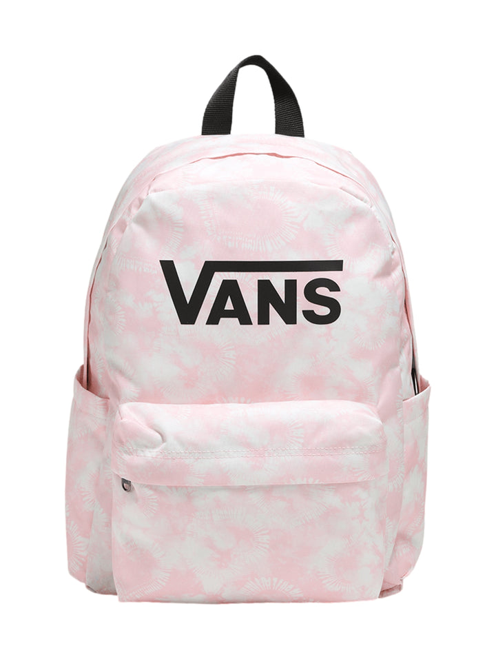 Mochila escolar Vans en color rosa con estampado floral blanco y logotipo negro al frente.
