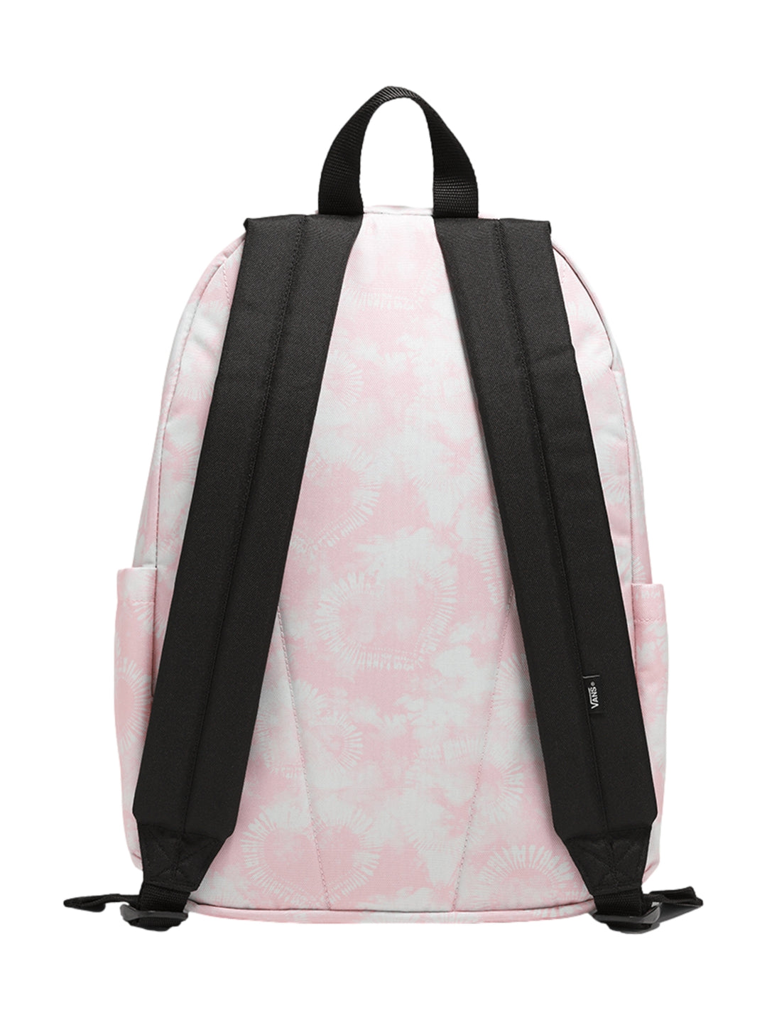 Mochila escolar Vans en color rosa con estampado floral blanco y logotipo negro al frente.