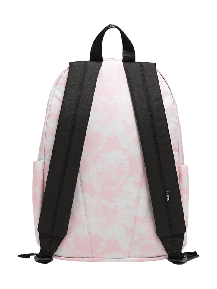 Mochila escolar Vans en color rosa con estampado floral blanco y logotipo negro al frente.
