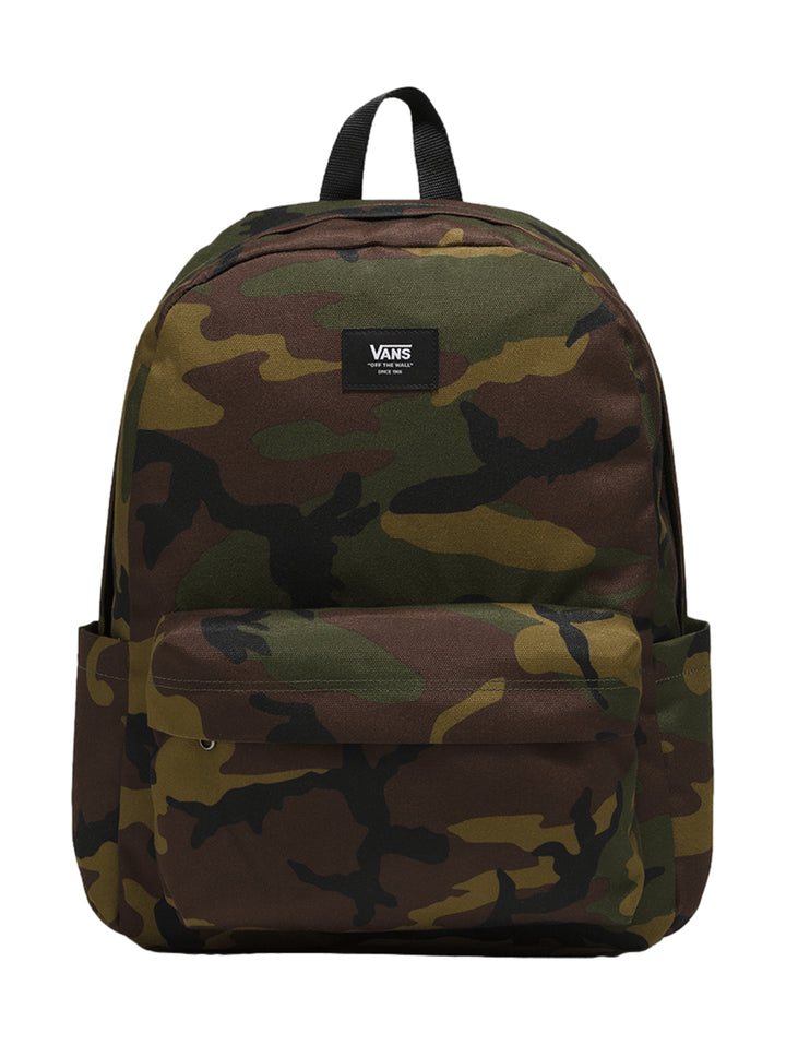 Mochila escolar Vans con estampado de camuflaje en tonos verde, café y negro con bolsillo frontal.