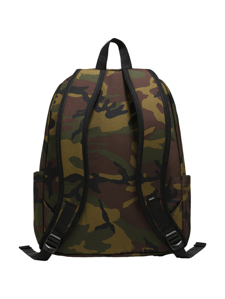 Mochila escolar Vans con estampado de camuflaje en tonos verde, café y negro con bolsillo frontal.