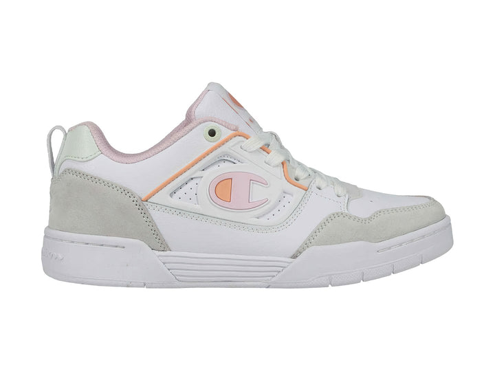 Tenis Champion blancos con detalles en gris y tonos pastel, diseño de corte bajo.